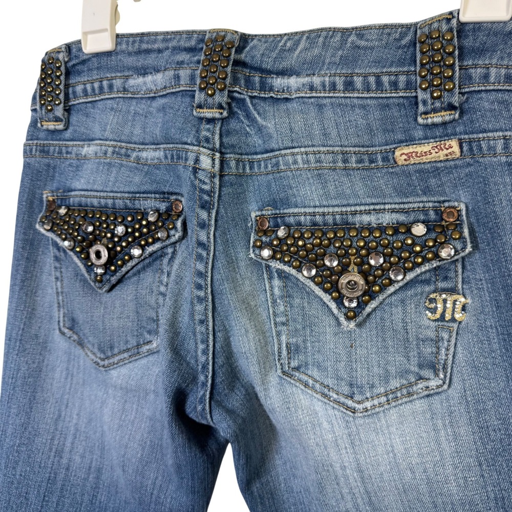 Miss Me Denim‎ Jeans Women 27 Bootcut Embellished Low Rise Medium Wash Raw Hem